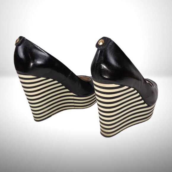 Michael Kors Black Leather Striped Peep Toe Platform Wedge Size: 7.5 - Picture 6 of 10